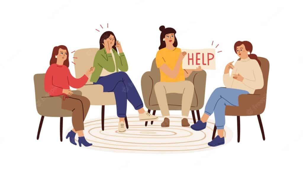 support-group-depression-supports-therapy-with-psychotherapist-helping-network-female-problems-tired-woman-need-help-vector-concept_53562-17661